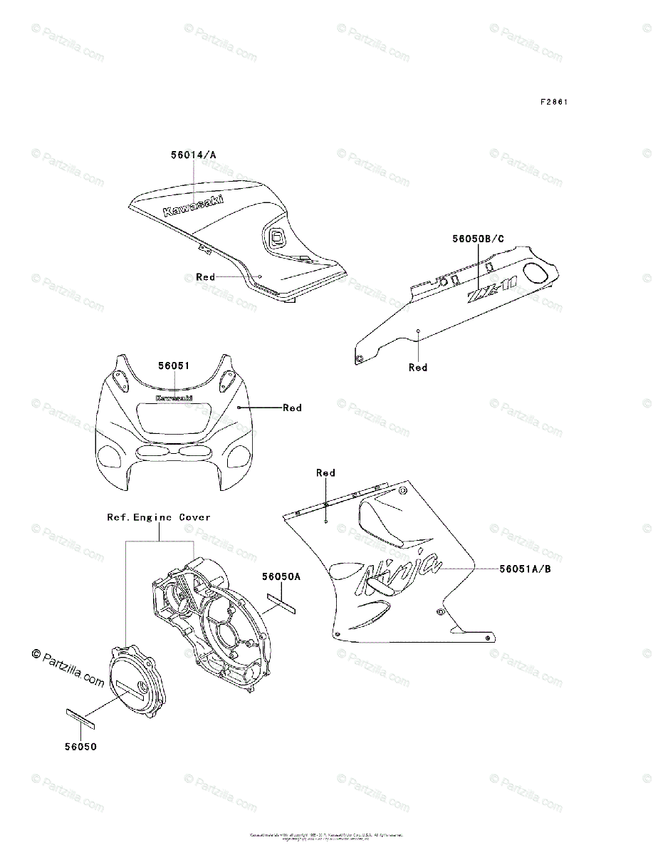 Kawasaki Motorcycle 1999 OEM Parts Diagram for Decals(Red)(ZX1100-D7/D8) | Partzilla.com