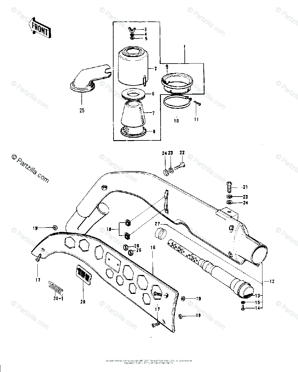 Kawasaki Motorcycle 1974 OEM Parts Diagram for AIR CLEANER/MUFFLER ('74