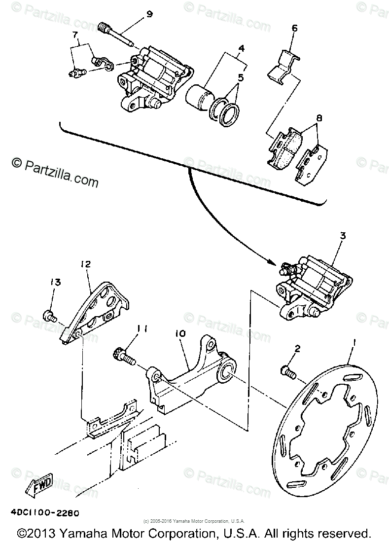 Yamaha Motorcycle 1992 OEM Parts Diagram for Rear Brake Caliper