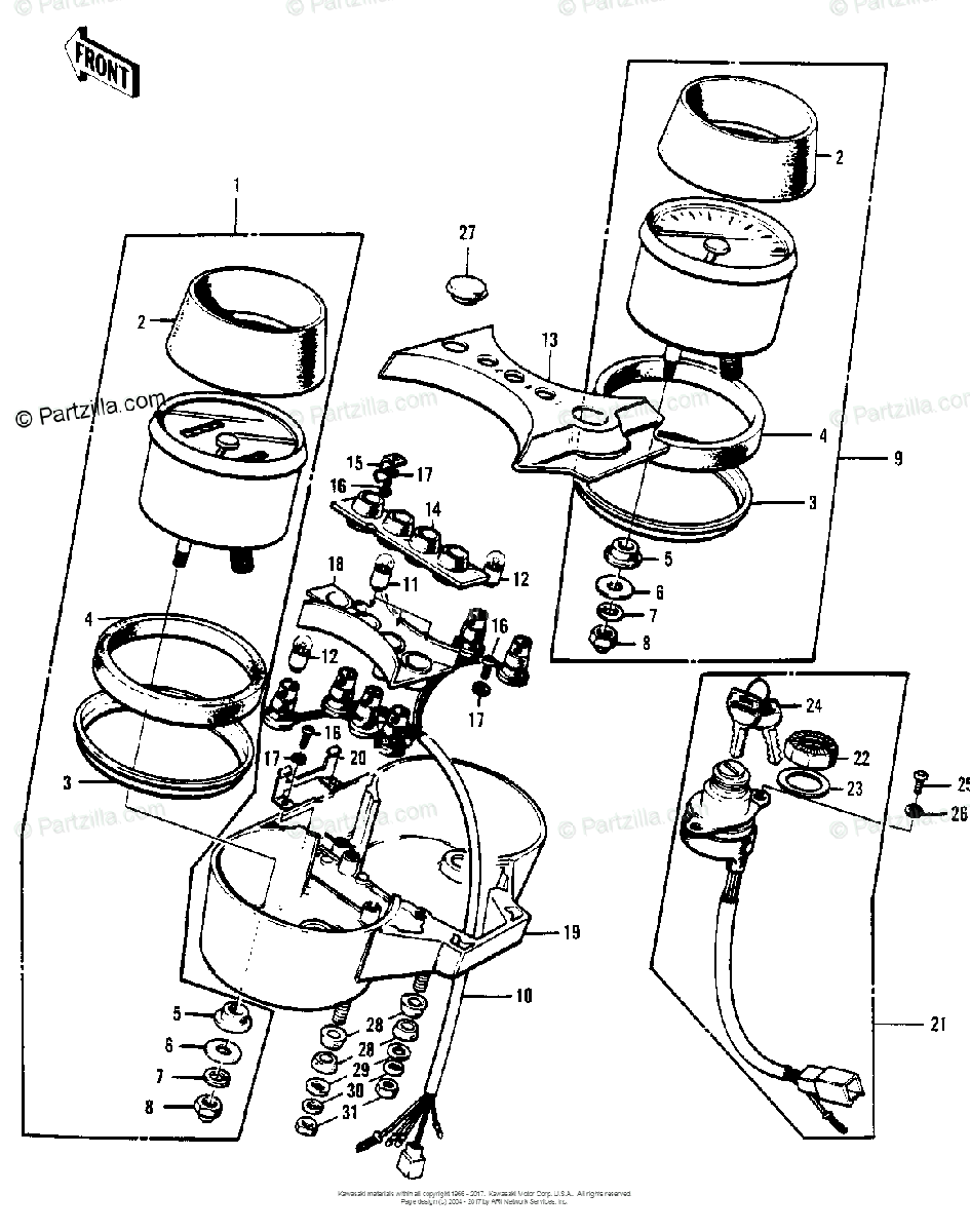 Kawasaki Motorcycle 1975 OEM Parts Diagram for METERS/IGNITION SWITCH