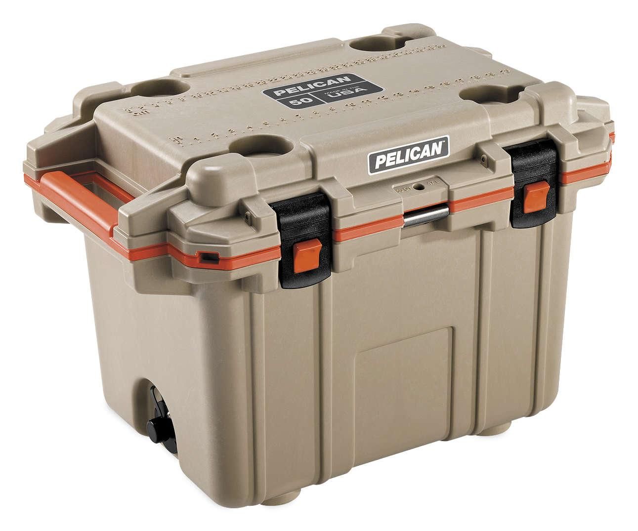 4PUY-PELICAN-P-50Q-2-TANORG 50 qt. Injection-Molded Cooler - Tan/Orange