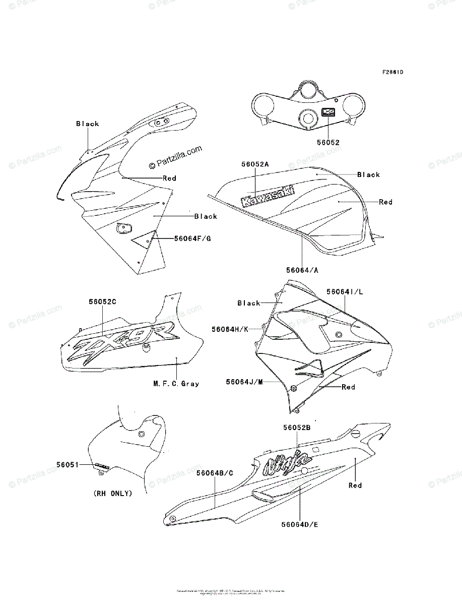 Kawasaki Motorcycle 2001 OEM Parts Diagram for Decals(Red/Black 