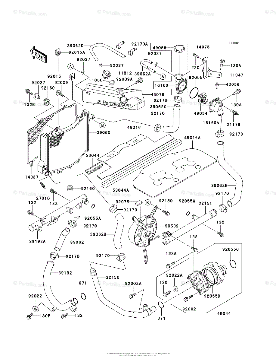 Kawasaki Motorcycle 1994 OEM Parts Diagram for RADIATOR 