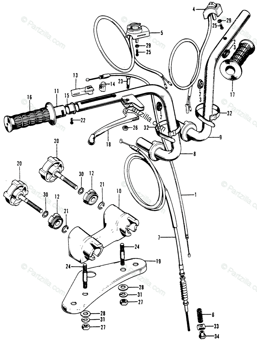 Honda Motorcycle 1977 OEM Parts Diagram for Handlebar / Top Bridge