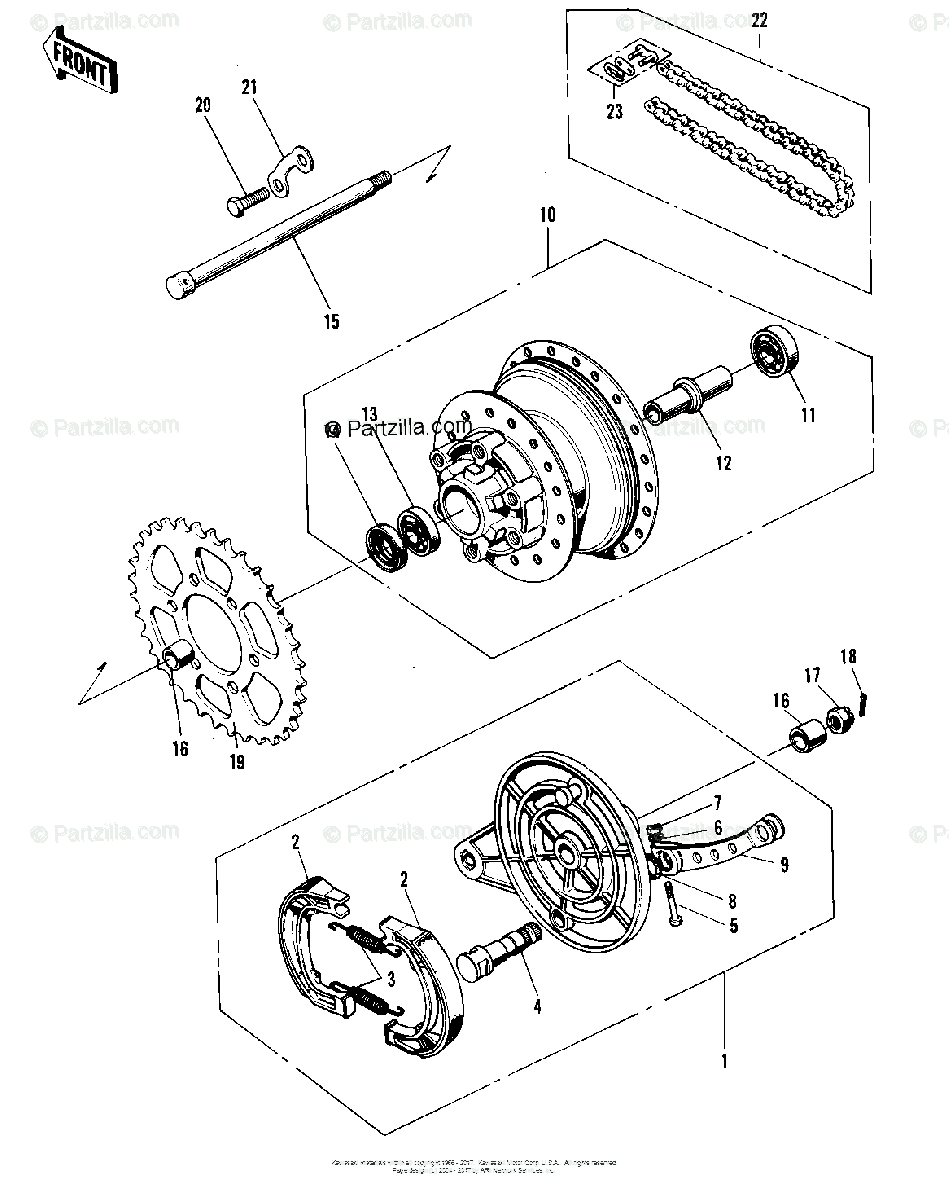 Kawasaki Motorcycle 1974 OEM Parts Diagram for REAR HUB/BRAKE 