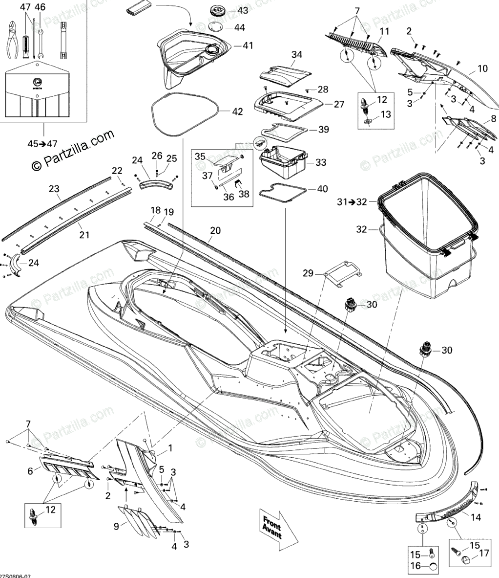 Sea-Doo 2008 RXT X 255 OEM Parts Diagram for Body (Front View 