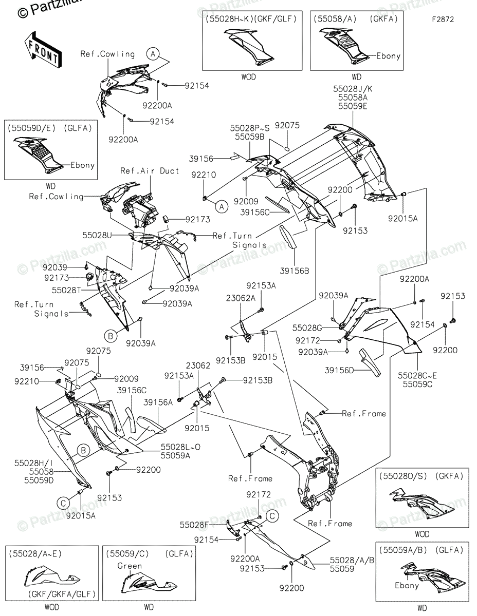 Kawasaki Motorcycle 2020 OEM Parts Diagram for Cowling Lowers 