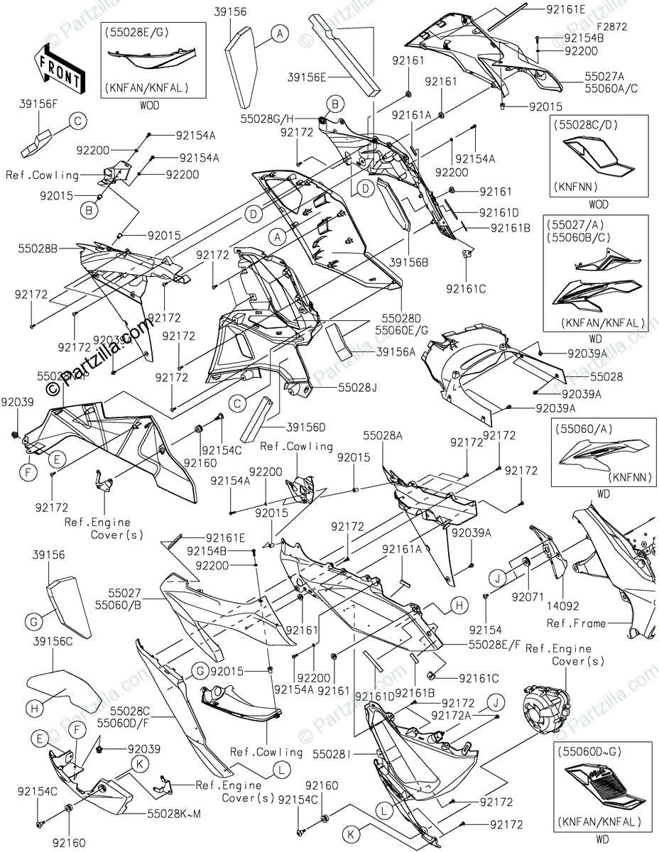 Kawasaki Motorcycle 2022 OEM Parts Diagram for Cowling Lowers 