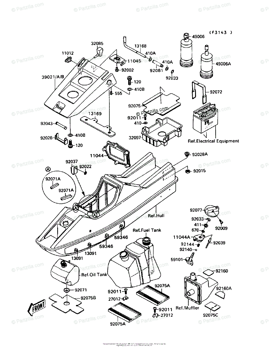 Kawasaki Jet Ski 1990 OEM Parts Diagram for Hull Fittings 