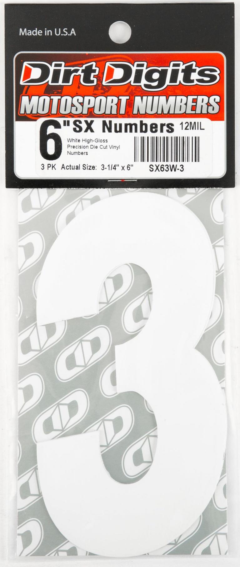 8AG2-DIRT-DIGITS-SX63W-3 Super X Competition Stick-On 6in. White Number - 3