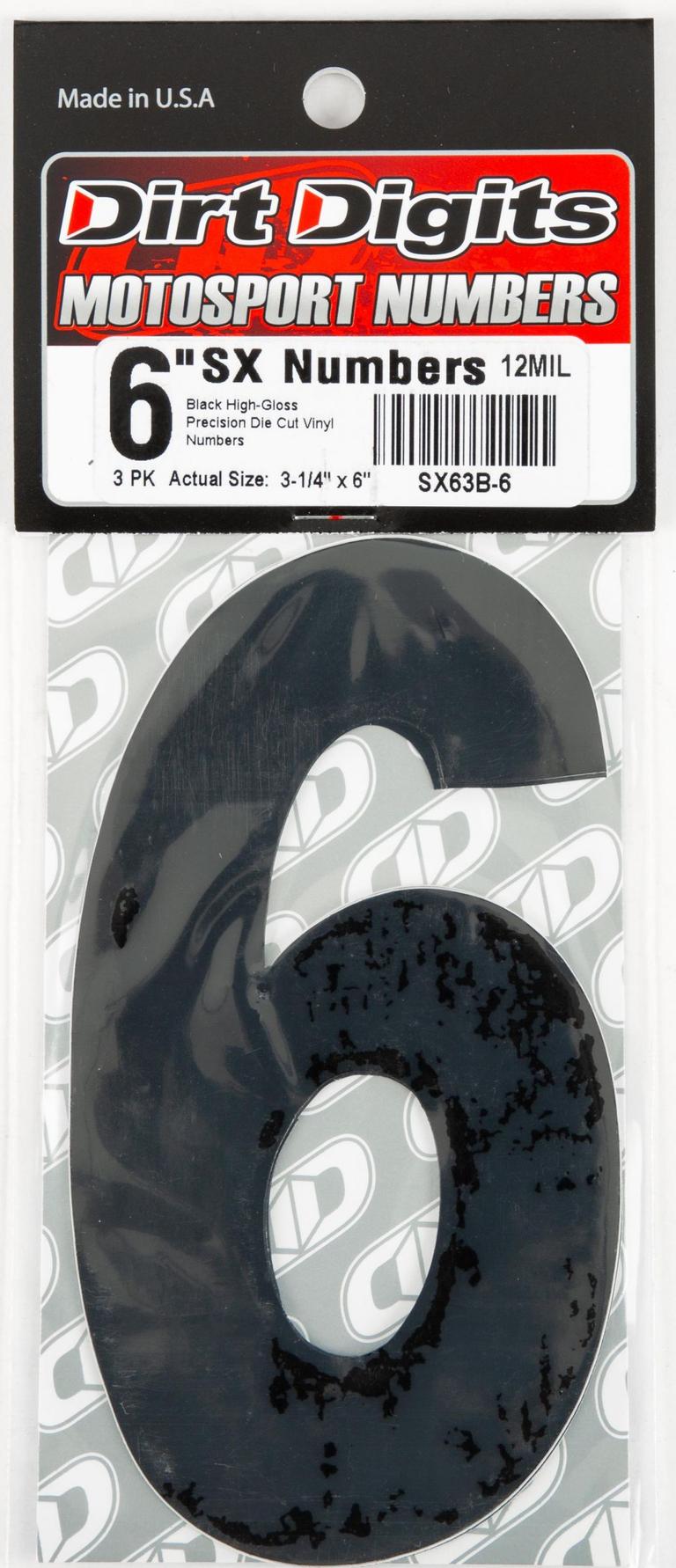 8AGF-DIRT-DIGITS-SX63B-6 Super X Competition Stick-On 6in. Black Number - 6