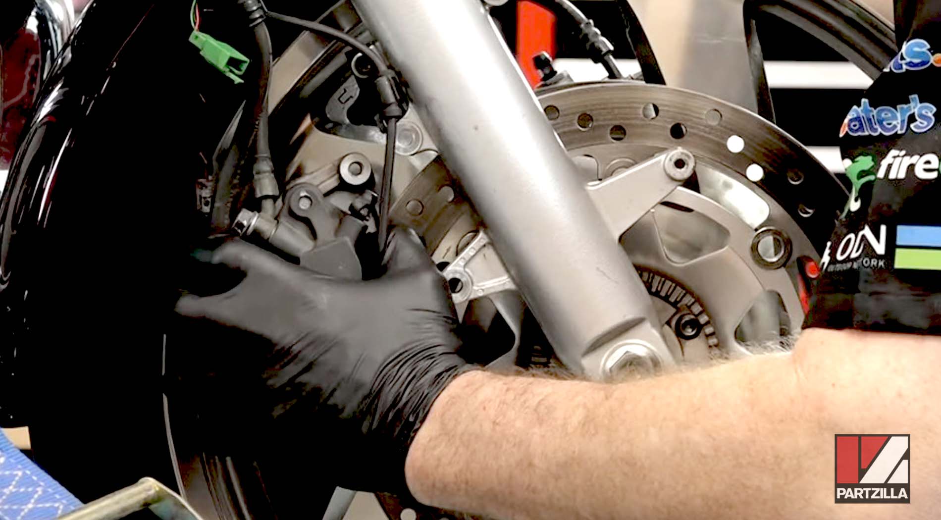 Honda GL1800 steering stem bearing replacement brake caliper