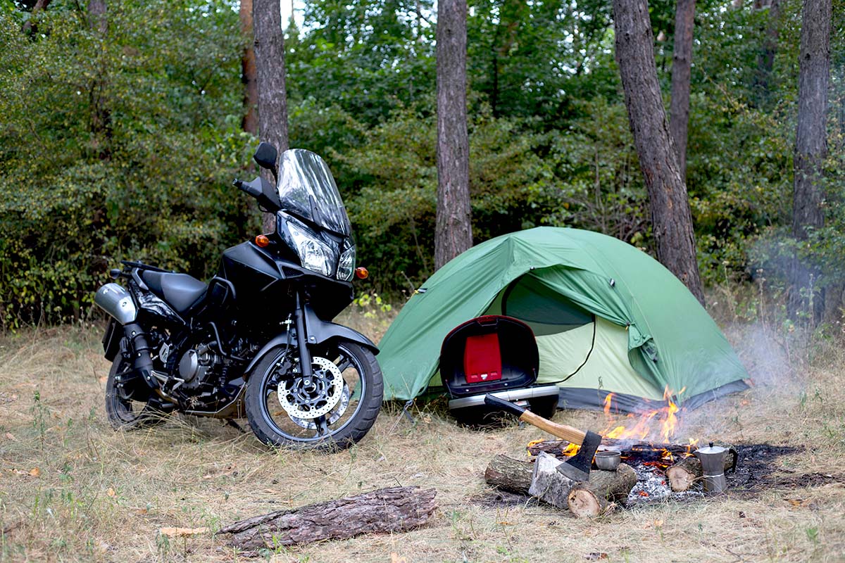 Motorcycle camping trip stove fire tent