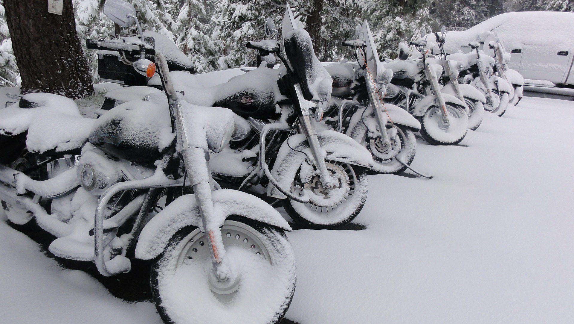 Motorcycles parked in snow winter
