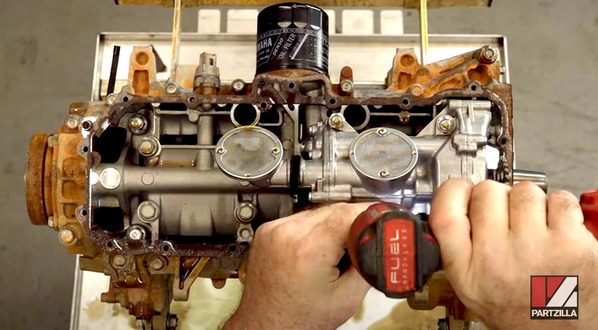 Yamaha YXZ1000R engine teardown oil pump assembly removal